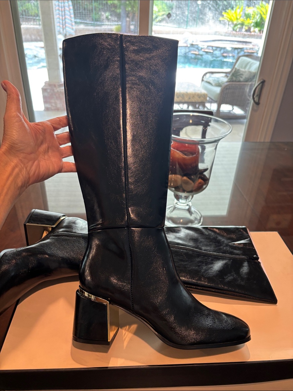 BCBGeneration Black Over-The-Knee Block Heel Boots with Gold Accent